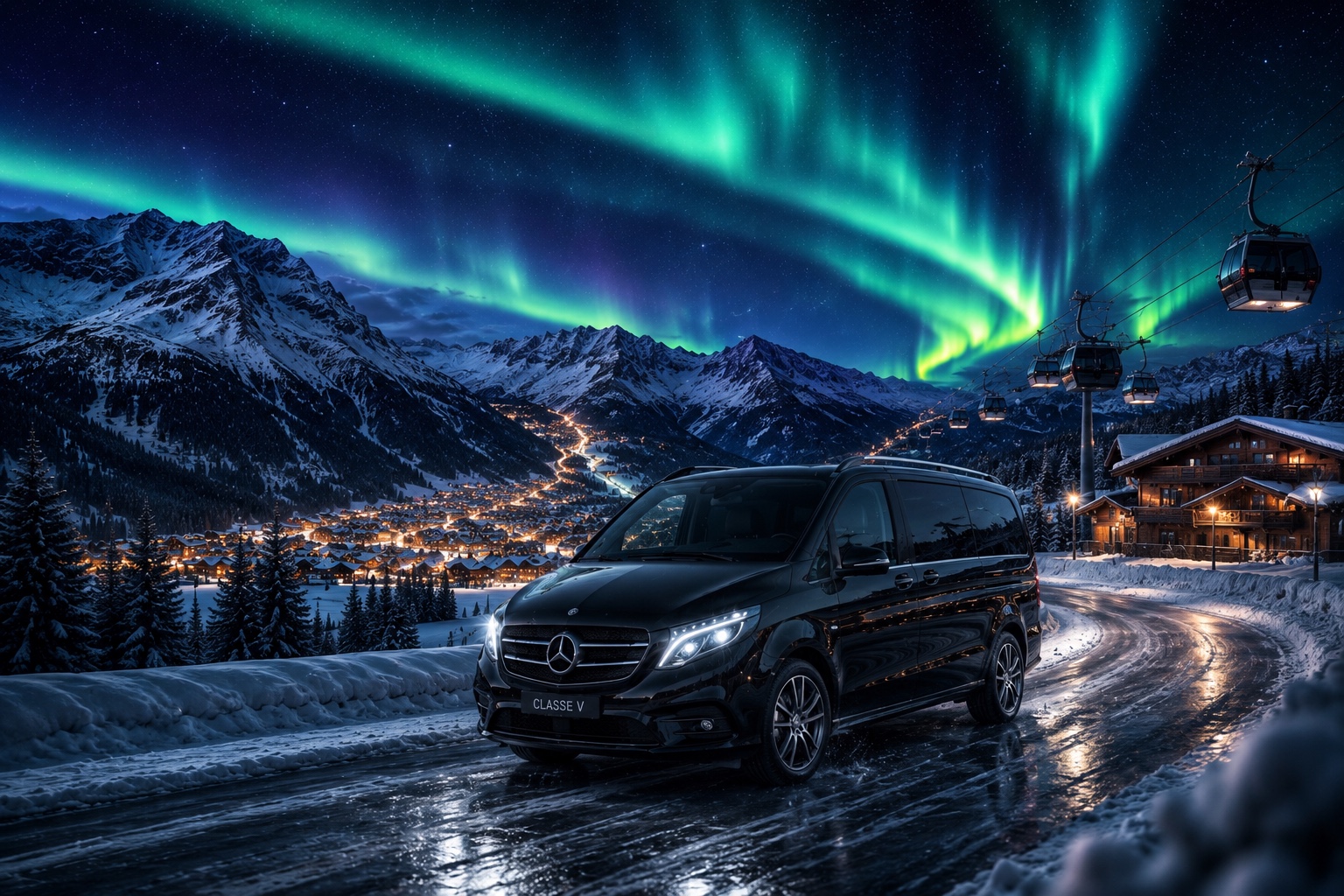 Mercedes Classe V noir sous une aurore boréale, télécabines et village illuminé
