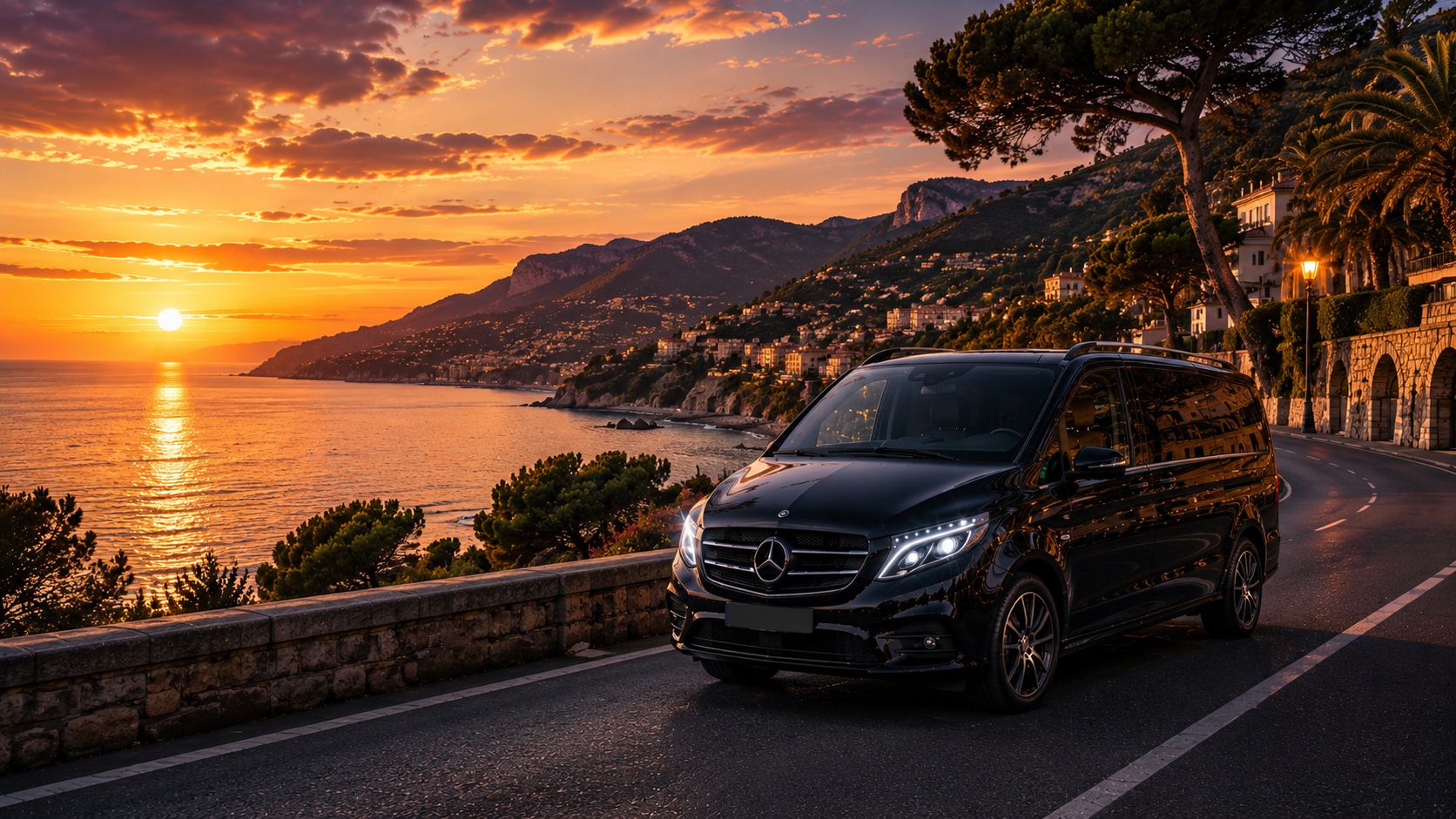 Mercedes Classe V noir sur la corniche de la Côte d'Azur au coucher du soleil