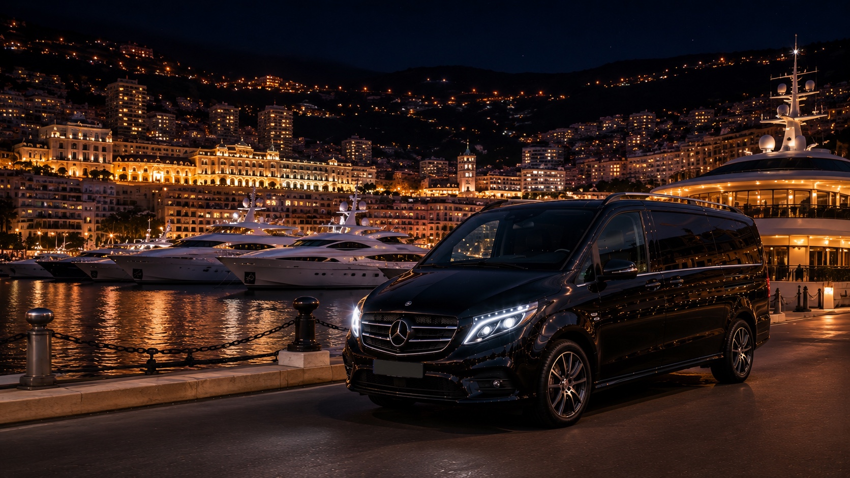Mercedes Classe V noir devant le port de Monaco illuminé la nuit