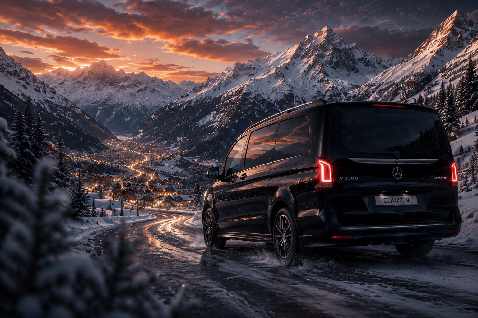 Mercedes Classe V noir sur une route de montagne enneigée au coucher du soleil, vallée illuminée en contrebas