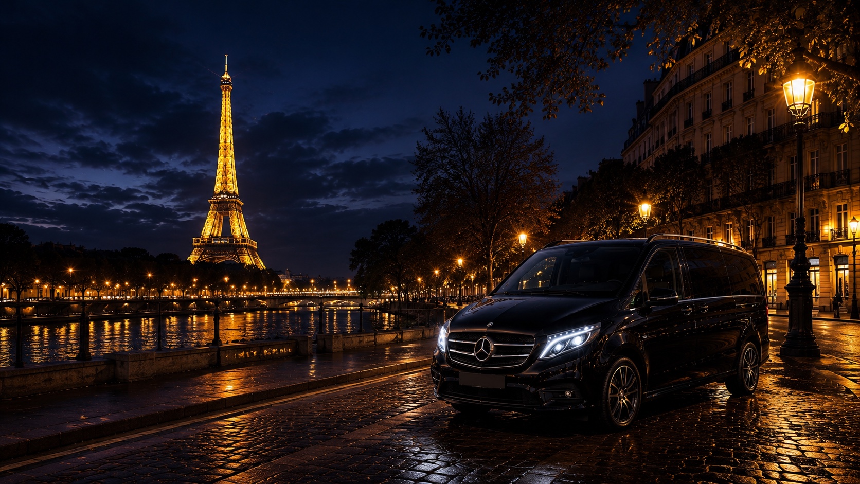 Mercedes Classe V noir quai de Seine devant la Tour Eiffel illuminée la nuit