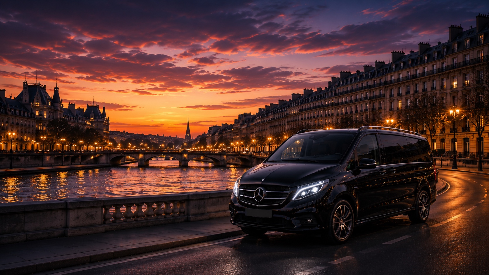 Mercedes Classe V noir le long de la Seine au coucher du soleil